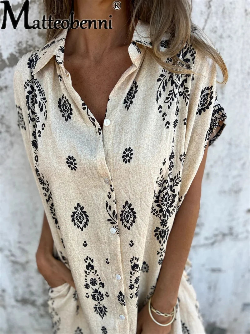 New Women Comfortable Cotton Linen Print Dresses Elegant Lapel Dress Summer Casual Loose Commuter Short Sleeve Pockets Gown 2025