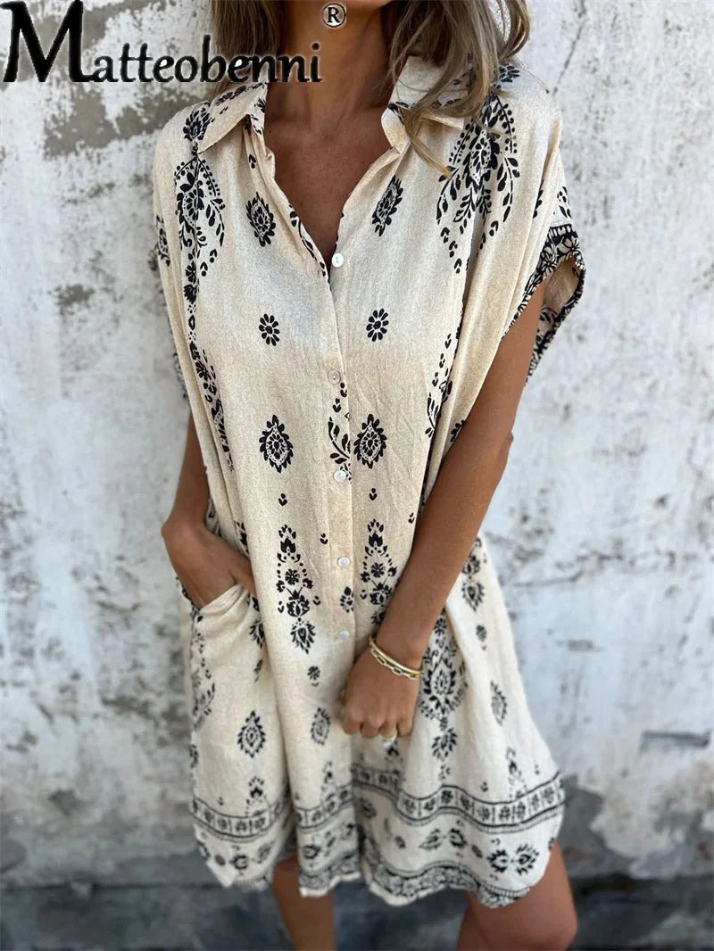New Women Comfortable Cotton Linen Print Dresses Elegant Lapel Dress Summer Casual Loose Commuter Short Sleeve Pockets Gown 2025
