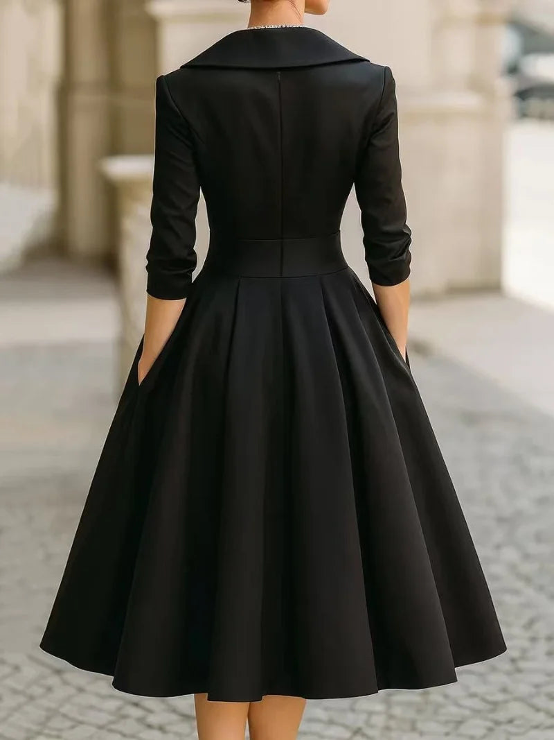 Women's Elegant Wrap Midi Dress with Ruffled Collar and Pockets - Chic Formal Wear