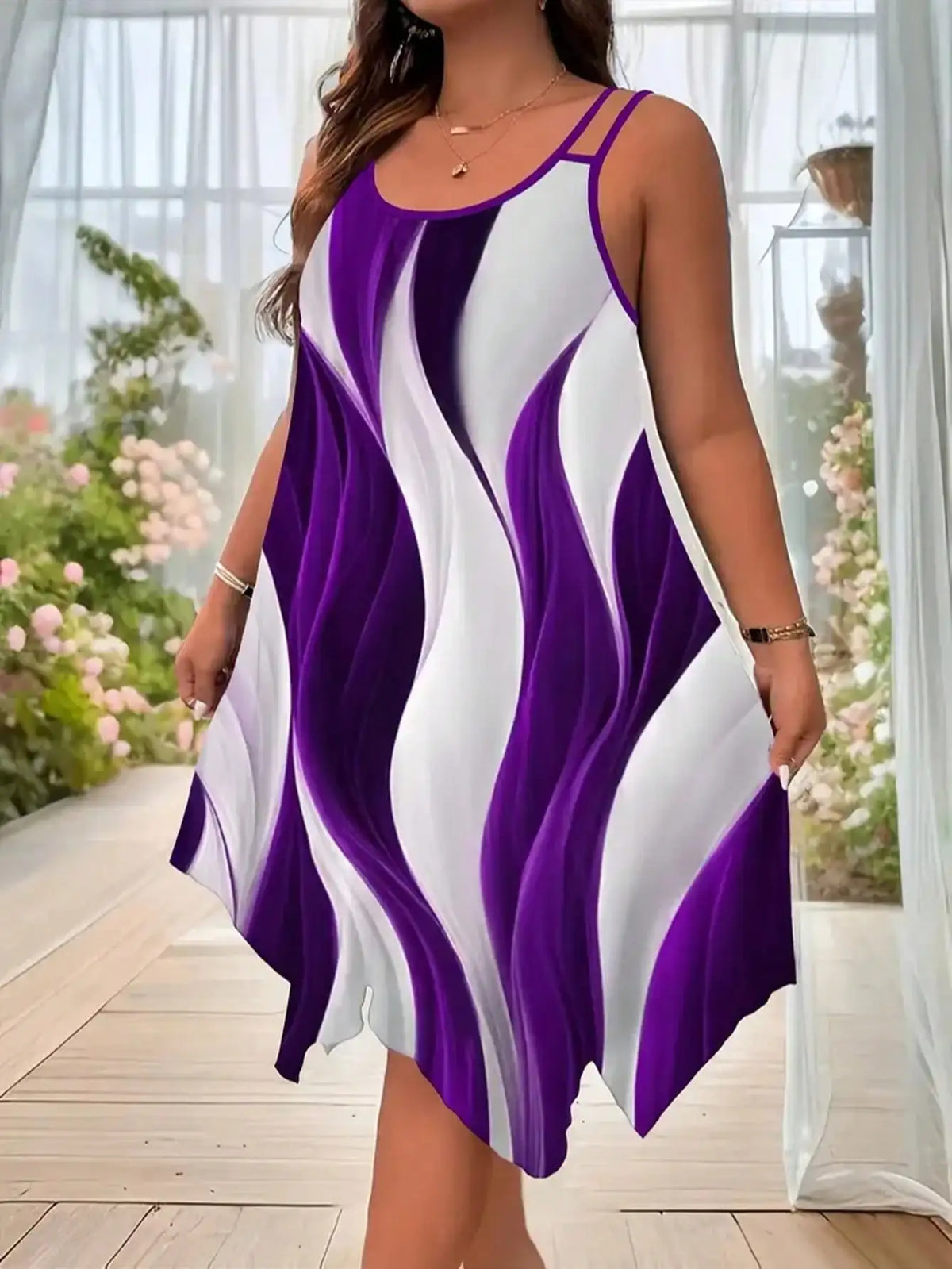 Plus-size women's fashion asymmetrical geometric stripes printed double strap dress